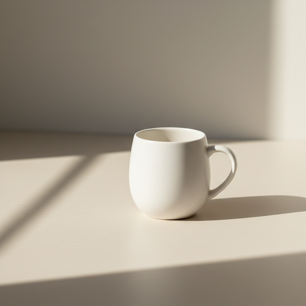 A clean, minimal lifestyle image for a personalised mugs collection.

A ceramic mug placed on a warm neutral surface (cream and beige tones).
Soft natural daylight lighting, calm and premium feel.
Modern, minimal styling with lots of negative space.
The mug is plain and elegant, suitable for personalisation.

No people.
No text.
No logos.
No branding.
No busy props.

Editorial product photography style.
Timeless, gift-focused aesthetic.

Aspect ratio: square (1:1).
High resolution.
Designed for a Shopify co